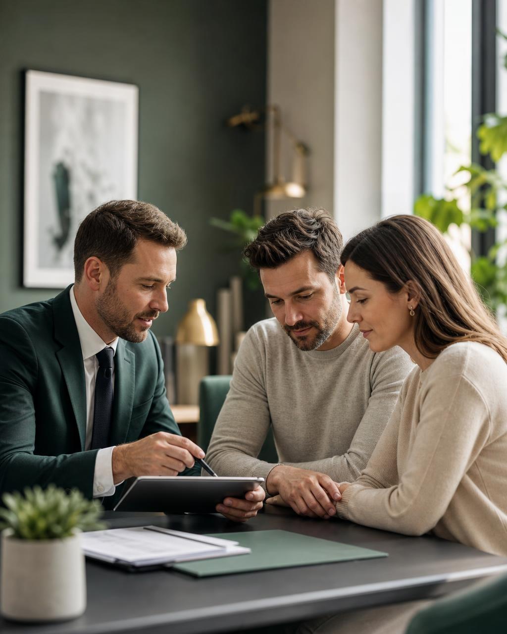 Mortgage adviser reviewing options with clients in a modern office